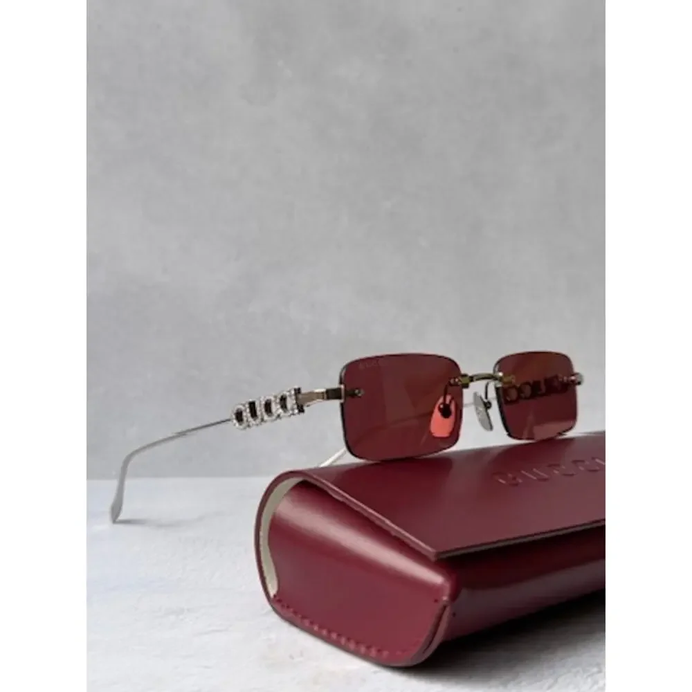 NEW Gucci GG1808S Silver Crystal Rimless Red Lens Sunglasses